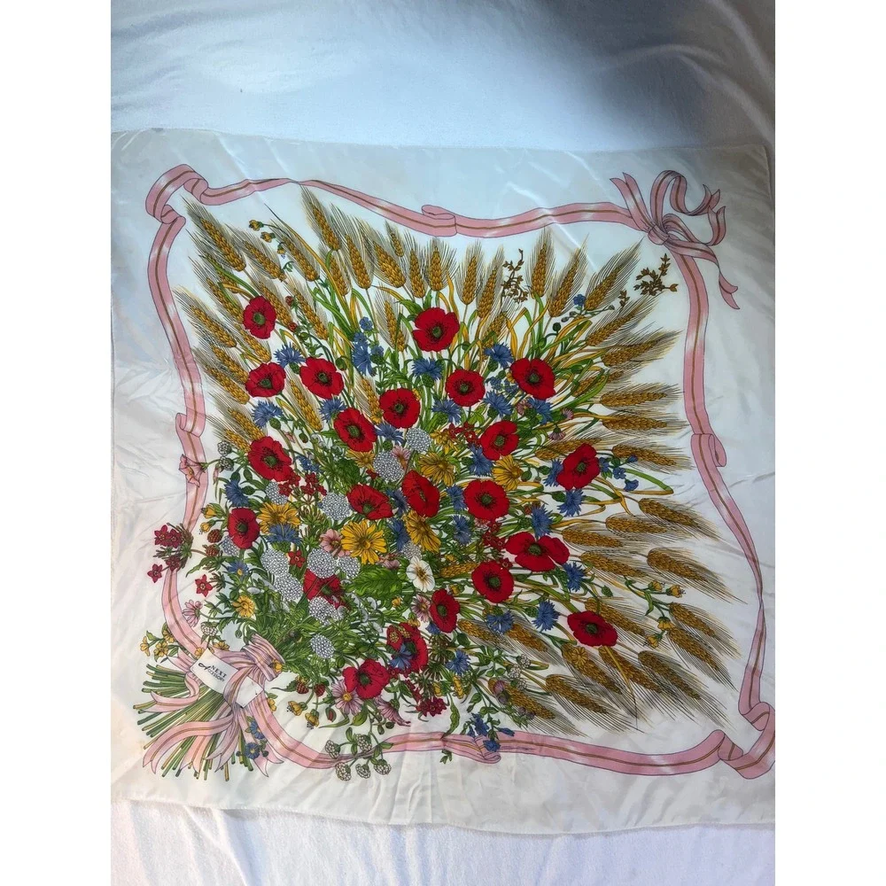Next Accessory Vintage Square Scarf Red Poppy Wheat Floral Ribbon Ivory 34in